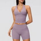 Yoga Wear  Halter V Neck Ruched Crop Tank & High Waist Shorts