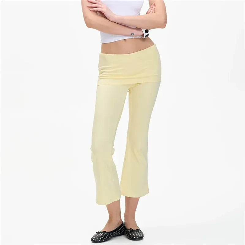 Women Fold‑Over Waist Cropped Flare Leggings