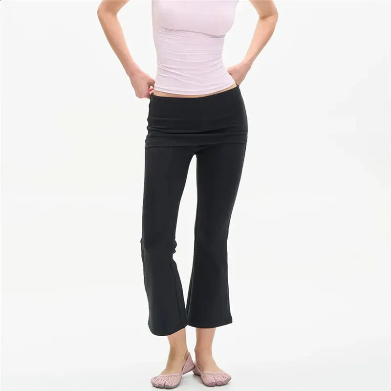 Women Fold‑Over Waist Cropped Flare Leggings