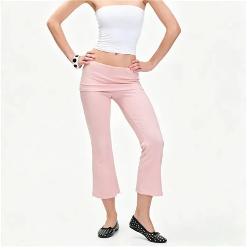Women Fold‑Over Waist Cropped Flare Leggings