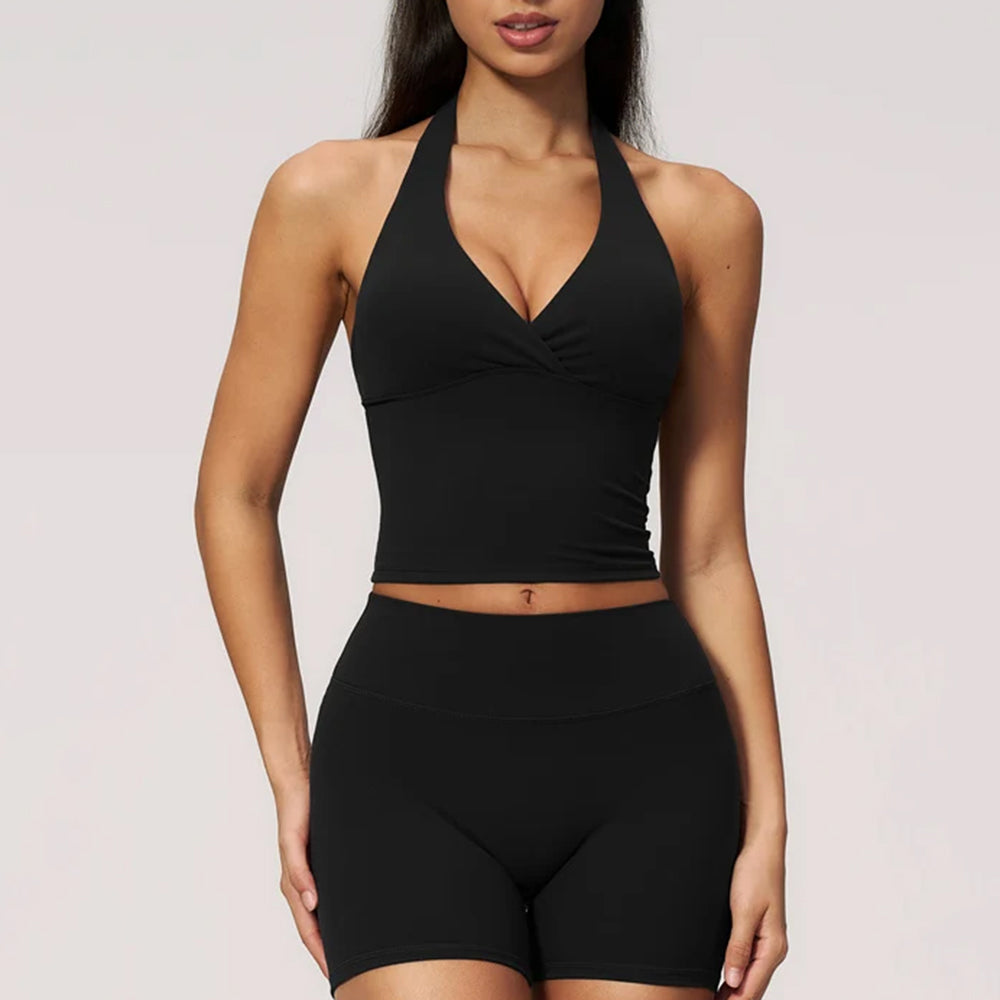 Yoga Wear  Halter V Neck Ruched Crop Tank & High Waist Shorts