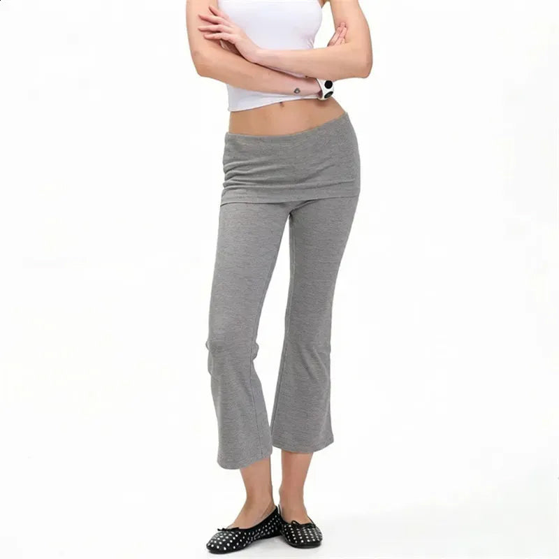Women Fold‑Over Waist Cropped Flare Leggings