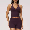 Yoga Wear  Halter V Neck Ruched Crop Tank & High Waist Shorts