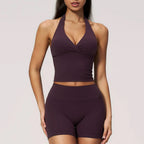 Yoga Wear  Halter V Neck Ruched Crop Tank & High Waist Shorts