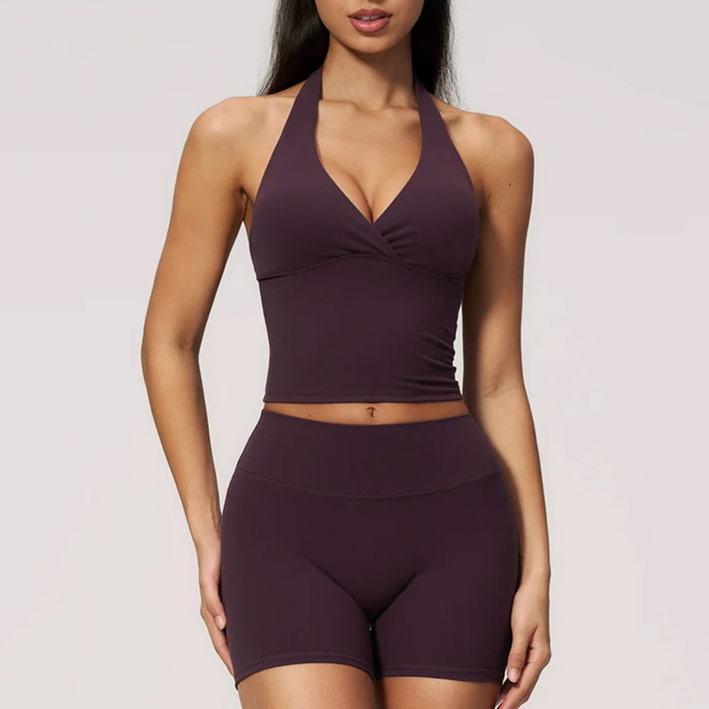 Yoga Wear  Halter V Neck Ruched Crop Tank & High Waist Shorts